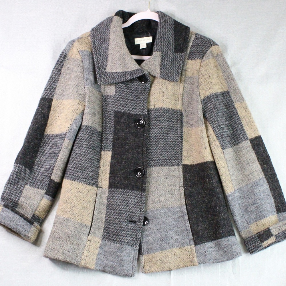 Appleseed's Wool Patchwork Jacket Size L Gray Beige Dark Academia Minimalist